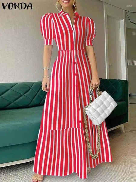 Robes de fête Vonda Elegant Summer Stripted Shirte Shirt Robe Femme Sexy Puff Sleeve Abèle long Maxi Sundress Buttons décontractés Bustons Robe Streetwear