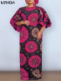 Robes de soirée VONDA Vintage Maxi Robe 2024 Été Femmes Bohème Floral Imprimé Robes Demi Lanterne Manches Casual Lâche Robe Robe