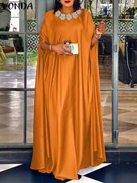 Robes de soirée VONDA Femmes Longue Robe Maxi Été 2024 Vintage Satin Robe d'été Bohème O Cou 3/4 Manches Chauve-Souris Robes Robe Surdimensionnée
