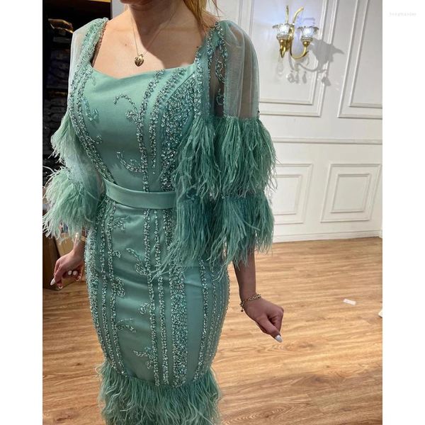 Robes de soirée Wasisi luxe Turquoise sirène robes de soirée 2023 plume perlée élégante pour les femmes FLA71807