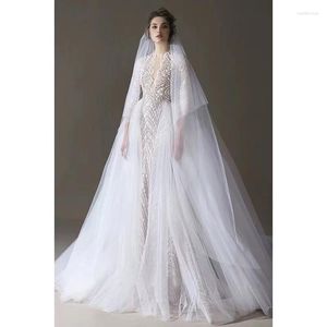 Feestjurken Weddding met afneembare trein diep v-hals halve mouw vloer lengte zeemeermin bruidsjurk formele vestido de fiesta