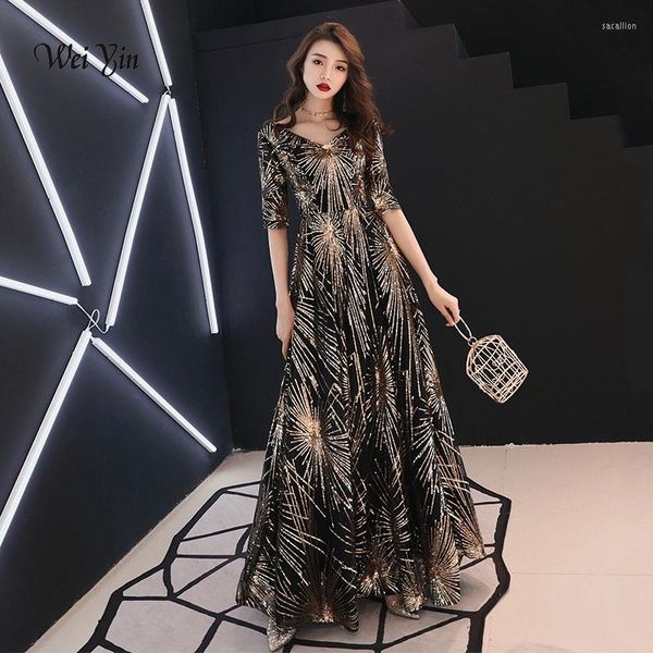 Robes de soirée Weiyin luxe longue robe de soirée à paillettes noir une ligne col en V robes demi manches bal formel WY942