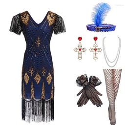 Robes de fête wepbel 1920 Vintage à paillettes Robe Femme Femme à manches courtes Per perlé Dance Gatsby Suit Slit Fits Retro V-cou