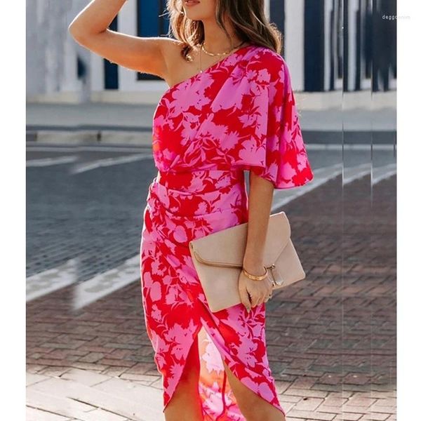 Robes de fête wepbel une épaule robe d'été femme manche courte rose rouge imprimé enveloppe bodycon haut taille midi plage