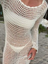 Robes de soirée Robe de plage en tricot blanc Crochet Bikini Cover Up Femmes Sexy Split Dos Nu Maxi Dress Été À Manches Longues Vacances Beachwear 2023 Y23