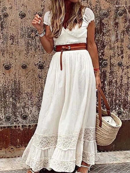 Vestidos de fiesta de encaje blanco maxi mujeres verano elegante vintage v cuello vestido largo moda manga corta casual playa vacaciones