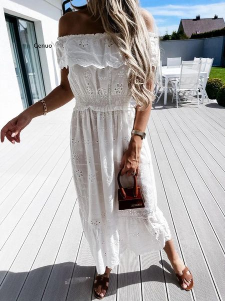 Vestidos de fiesta Vestido maxi blanco para las mujeres 2024 Verano fuera del hombro Sexy Lace Mujer Bohemio Asimétrico Mangas cortas