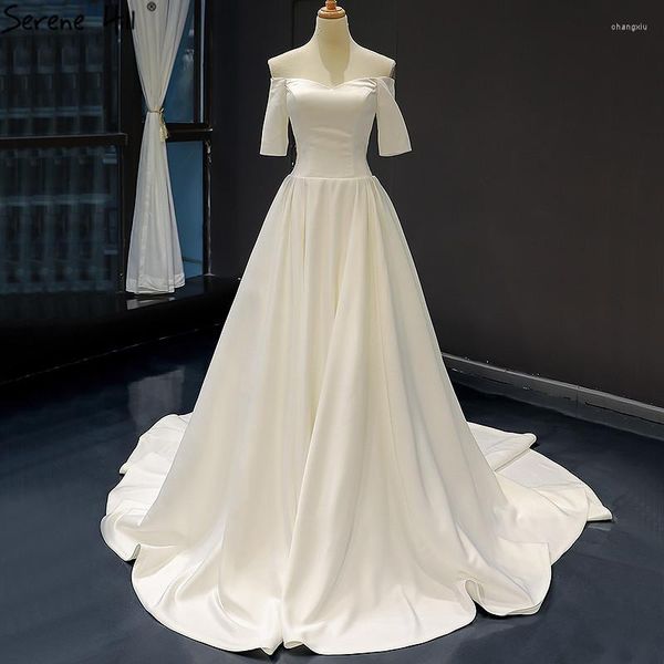 Robes de soirée blanc Satin demi manches Sexy bal 2023 épaules dénudées simples robes de haute qualité réel Po 66836