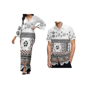 Robes de soirée en gros personnalisé blanc dimanche église uniforme polynésien Tonga Tribal conception col en V manches cloche dames robe correspondant hommes