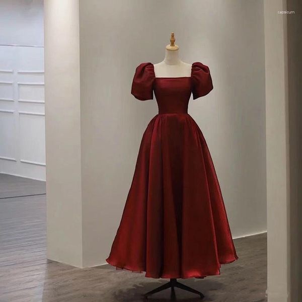 Robes de soirée vin rouge manches bouffantes robe de princesse organza col carré a-ligne bal élégant à lacets dos nu longue soirée