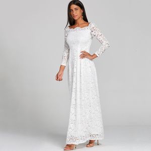 Robes de soirée Femme Broderie Dentelle Longue Robe Sexy Slash Cou De Mariage Porter Casual A-ligne Blanc Vintage Maxi Robe Robe 230314