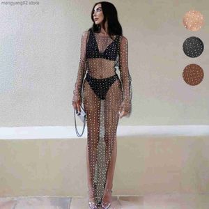 Feestjurken vrouw lange mouw mesh jurk vaste kleur vol parel o nek bikini cover split perspectief s-3xl 3color t230504