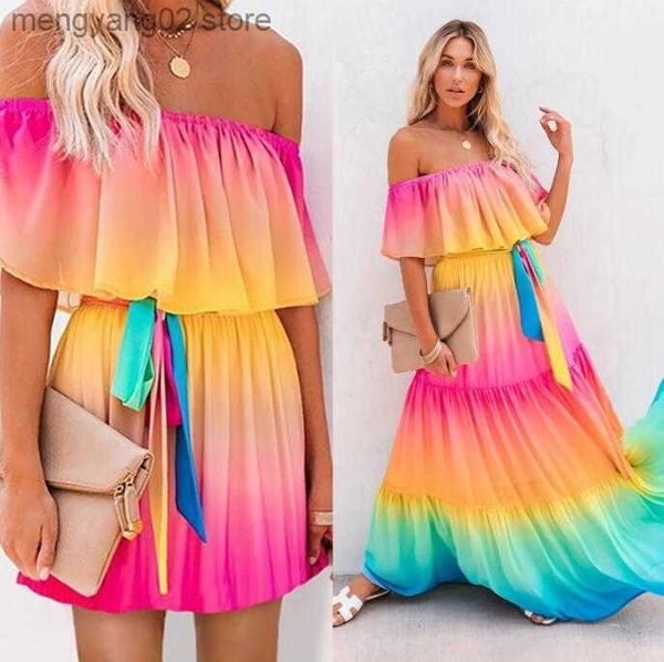 Vestidos de fiesta Mujer Fuera del hombro Maxi vestido Rainbow degradado Color Ruffle Plisado + Cinturón Sin forro S-2XL 2 Estilo T230504