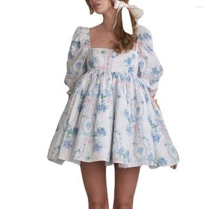 Robes de soirée femme robe à manches bouffantes imprimé floral col carré taille haute robe de bal plissée S-2XL 6 couleurs