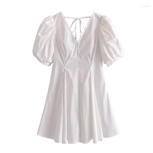 Robes de fête Femmes une ligne en coton blanc mini robe chic gonfle manche courte à dos noix papillon femelle feme