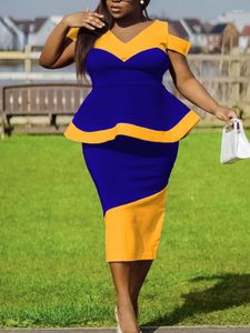 Robes de soirée Femmes Robe Africaine Chic Contraste Couleur Épaule Nue Peplum Midi Été 2023 Élégant Mode Club Événement Vêtements