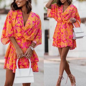 Feestjurken Vrouwen Vleermuis Korte Mouw Zomer Boho Bloemenprint Hoge Taille Ruche Vestido 2024 Vakantie Sexy V-hals Gewaad