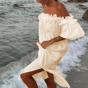 Robes de soirée femmes décontracté solide fente longue robe Hawaii doux volants une épaule Vocation été à manches courtes ligne de coton