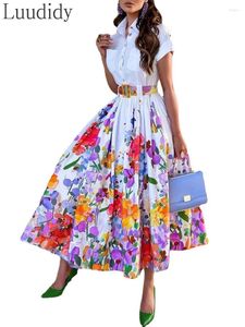 Feestjurken vrouwen casual afslaan kraag knop decor Big Swing print maxi jurk met riem