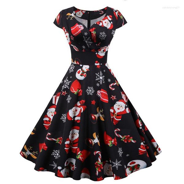 Vestidos de fiesta Mujer Vestido de Navidad Manga corta Cuello en V Elegante Vintage Estampado Navidad Año Prom Sundress Tallas grandes 3XL Robe