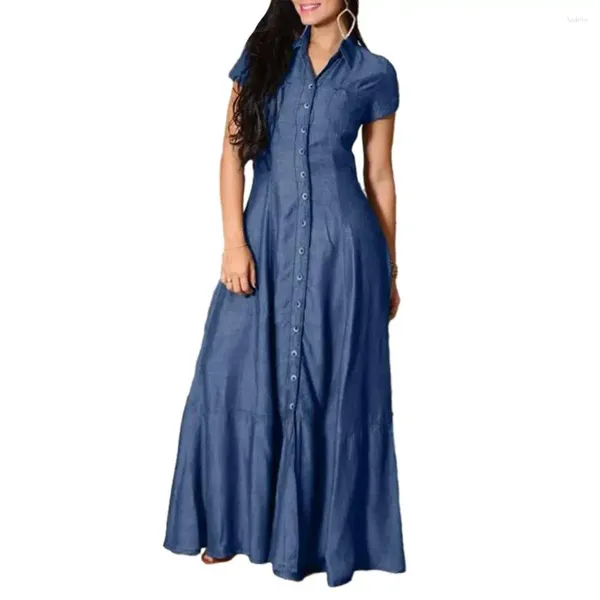 Vestidos de fiesta Vestido de mezclilla para mujer elegante con dobladillo con volantes y bolsillos con parches Una línea de mujer con solapa larga de cintura alta para cada