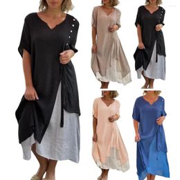 Robes de soirée Femmes Robe Élégante Midi Femme Avec Col En V Bouton Décor Deux Pièces Contraste Couleur Design Doux Respirant Pour L'été