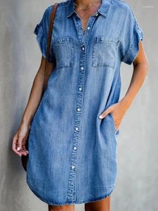 Robes de soirée Femmes Mode Bleu Denim Manches courtes Bouton Mini Robe 2024 Été Col rabattu Casual Poche Lâche Jean Femme