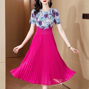 Robes de fête Femmes Floral Patchwork Rose plissée longue robe élégante Chic Ladies Promotion 2023 Fashion coréenne Bodycon Casual Vestidos