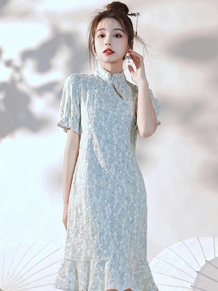 Vestidos de fiesta mujeres mejorado cheongsam verano 2024 francés retro joven encaje floral vestido de cola de pescado elegante delgado qipao vestidos femeninos