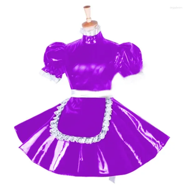 Robes de soirée Femmes En Cuir PVC Sissy Mini Robe De Princesse Élégante Manches Bouffantes Court Bal Sexy Clubwear Maid Halloween Avec Tablier