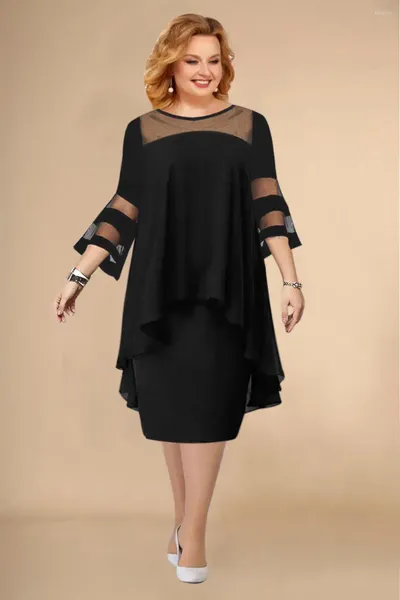 Robes de soirée femmes maille robe en mousseline de soie Flare demi manches grande taille plissée bureau dame décontracté Transparent été Club mode