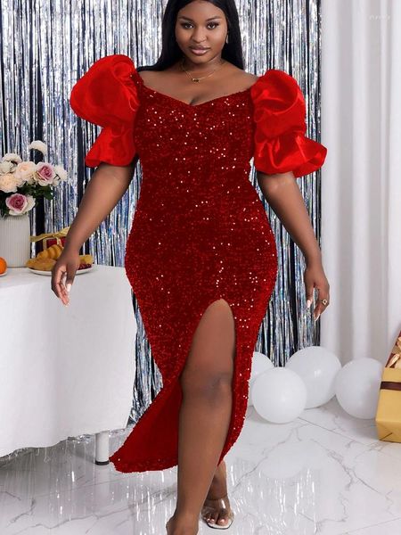 Robes de fête Femmes Off épaule Luxury Sequin Red Red Fluffy Sleeve High Slit Velvet Big Taille Sparkly Maxi Formel Evening Prom Robe