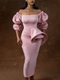 Robes de soirée Femmes Hors Épaule Rose Lanterne Manches Midi Élégant Gaine Grande Taille Célébrer Dîner Anniversaire Soirée Moulante 221123