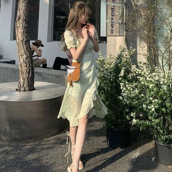 Robes de soirée Femmes Une Épaule Été 2023 Dos froncé Imprimé Floral Mini Robe En Vert Cravate Avant Coton Sexy