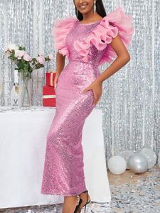 Feestjurken vrouwen roze avond gelaagde ruche vliegende mouw pailletten sprankelende jurk luxe lange club bruiloft nacht cocktailjurk 221123