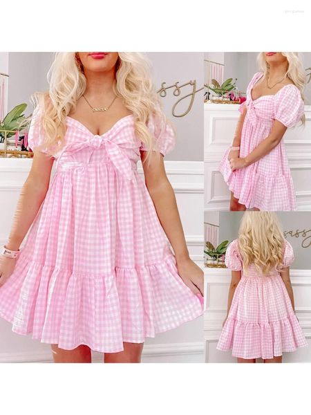 Vestidos de fiesta Mujeres Pink Princess Dress Puff Slewe Short Boat Bark A-Line Mini Plaid Sex Ruched