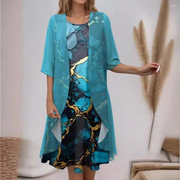 Robes de soirée femmes robe imprimée imprimé floral manteau pour femme ensemble avec ourlet irrégulier tissu en mousseline de soie douce mi-longue pour élégant