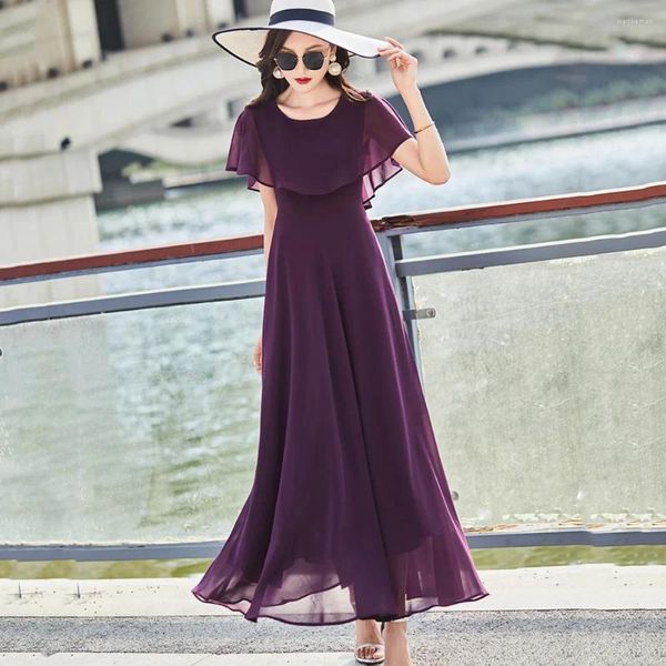 Robes de fête Femmes Purple Murffon Robe Summer Fashion Châle Collier de manche courte Slim Long Élégant Flux A-Line Pullover