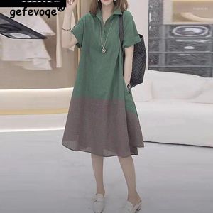 Feestjurken Dameskleding Contrastkleur Patchwork Elegante shirts Zomer Trendy korte mouw Casual oversized midi-jurk vestidos