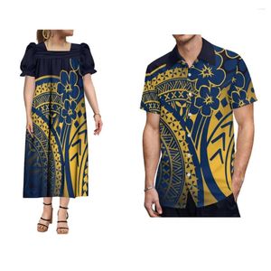 Vestidos de fiesta Vestido de mujer Diseño de manga de burbuja Camisa para hombres Patrón de arte polinesio personalizado Conjunto de pareja impresa Tela de calidad de verano 2024