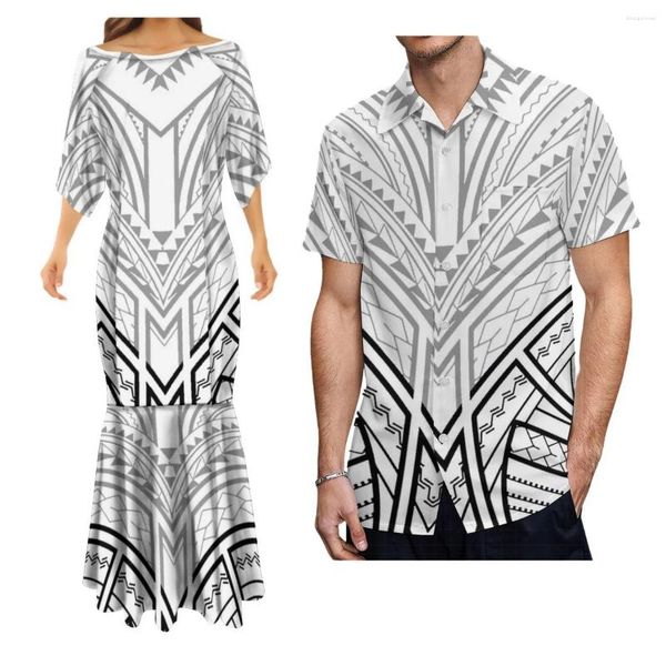 Robes de soirée Robe élégante à manches mi-longues pour femmes Samoan avec chemise Aloha pour hommes adaptée au design tribal polynésien