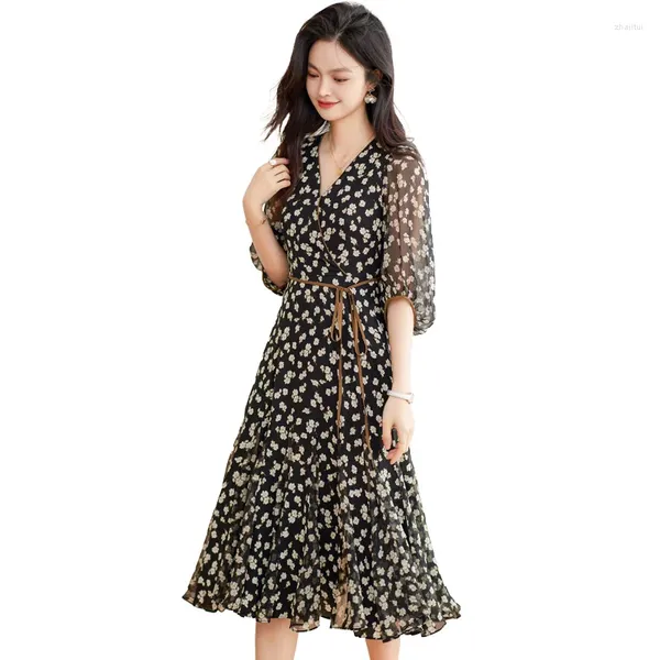 Robes de fête Empire pour femmes Boho V Neck Wrap floral Mini robe avec ceinture Summer Malf Mancheve Murffon