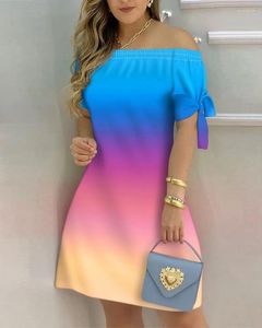 Feestjurken Damesmode Casual Eén lijn Hals Gradiënt Korte mouw Jurk Elegante zomer Strikprint Maxi Vestidos 3XL