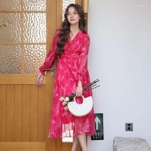 Robes de fête Fashion Floral Floral Silk 23Spring Summer Mesdames Sexy Shirt Office Work Daily Beachwear Fair Body Con robe Pinkgreen