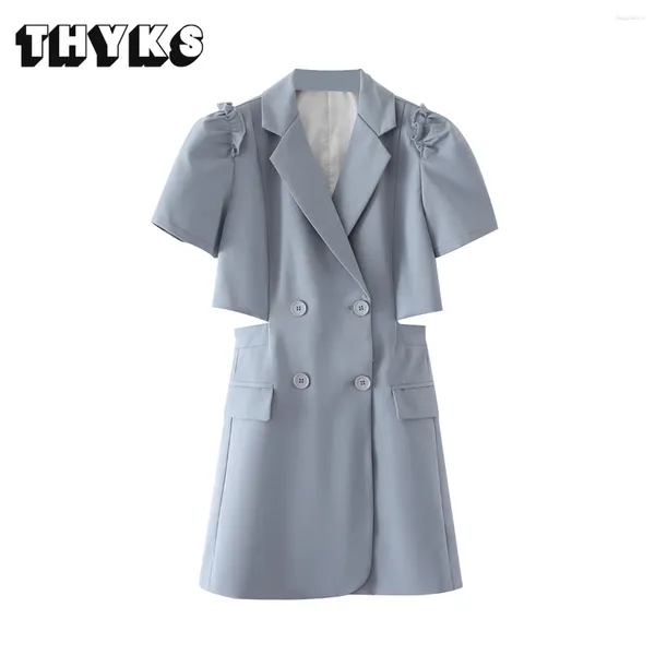 Robes de fête Fashion Fashion Front Bouton Découper mini robe élastique manche bouffée rétro Backless Femmes Elegant Office Office Robe Femme