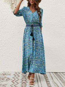 Robes de fête Bohemian Bohemian Bohemian Robe Retro Retro Imprimé en V Split Hem Fashion Fashion Houst-Hugging Lace-Up XL