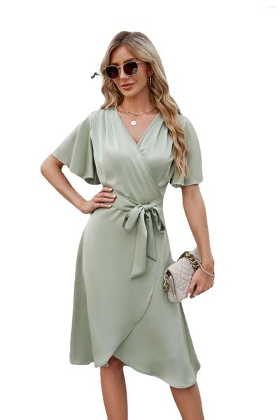 Robes de soirée femmes rose Midi été col en v Sexy à manches courtes Robe irrégulière bureau dame vêtements S-XXL Robe Robe Vintage