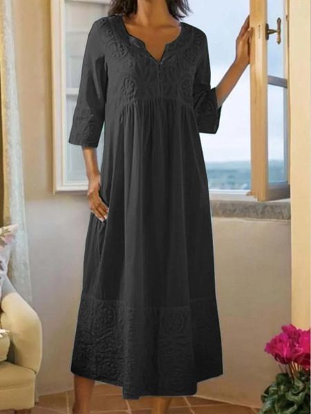 Robes de soirée pour femmes, grande taille, robe droite, manches mi-longues plissées, ligne a, décontractée, col en V, plage, bohème, lin, été, 2024