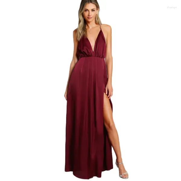 Robe de fête de fête de soie sexy en satin en soirée croix borgogne de profondeur V couche divisé sans dos maxi femme robe de bal ysan763