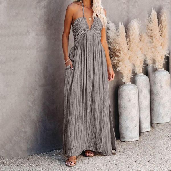 Robes de soirée femmes Sexy bande imprimé Robe licou sans manches col en V plage longue Maxi Robe Femme Vestidos Mujer Verano 2023 Vestido #J